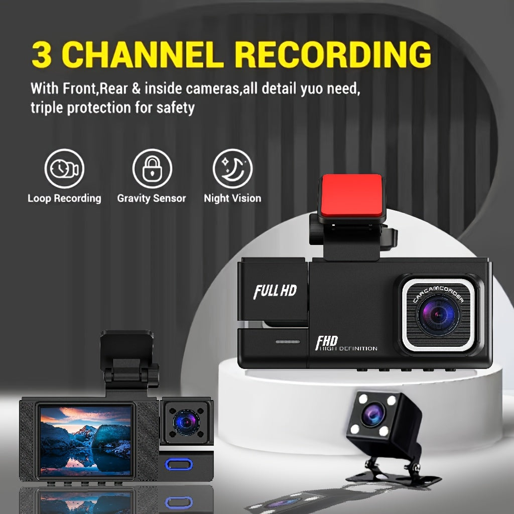 1080P Dash Cam Front And Rear Inside with Free 32GB SD Card, IR Night Vision, Loop Recording Car DVR Camera 3 Lens with 2 Inch IPS Screen 3 Cameras Car Dashcam, car Black Box Recording At Same Time, Wide Angle Dashboard Camer