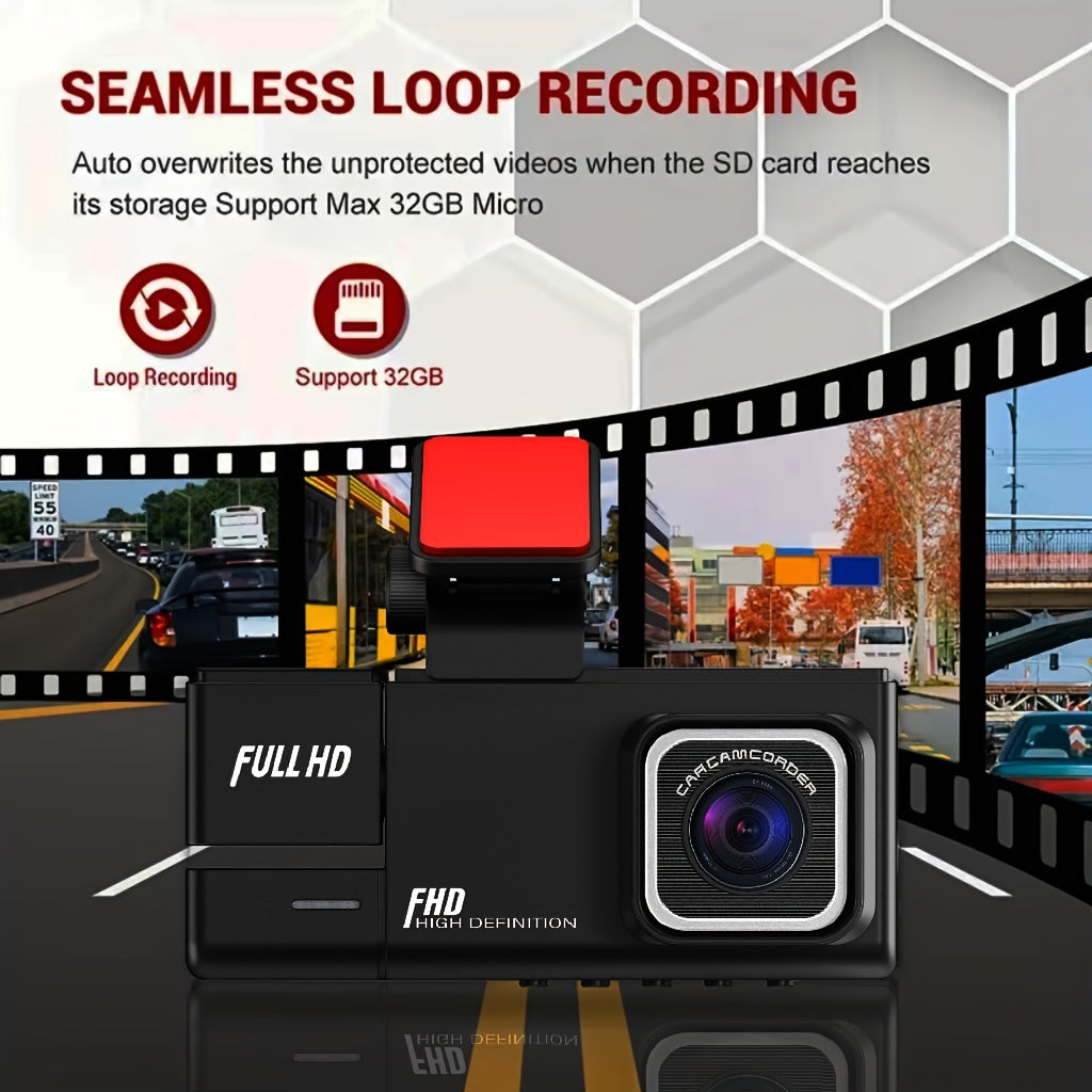 1080P Dash Cam Front And Rear Inside with Free 32GB SD Card, IR Night Vision, Loop Recording Car DVR Camera 3 Lens with 2 Inch IPS Screen 3 Cameras Car Dashcam, car Black Box Recording At Same Time, Wide Angle Dashboard Camer