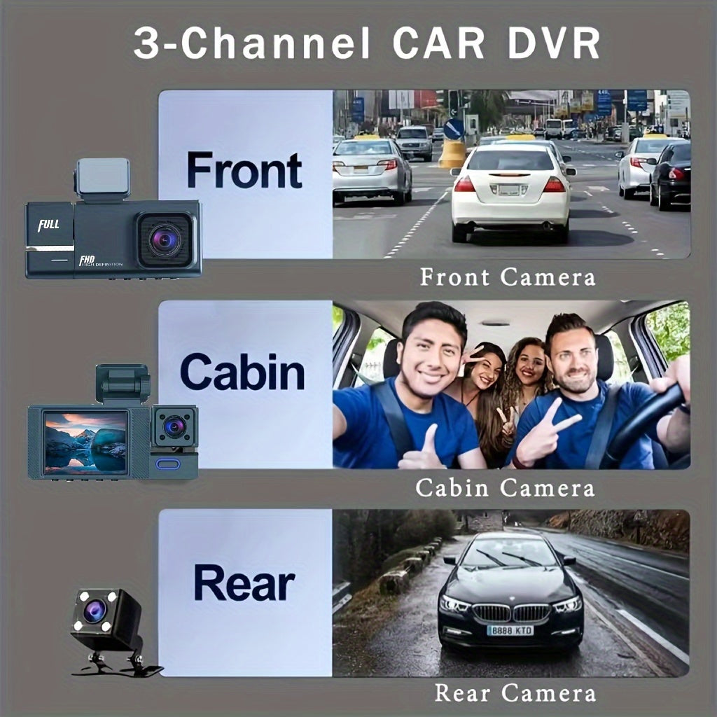 1080P Dash Cam Front And Rear Inside with Free 32GB SD Card, IR Night Vision, Loop Recording Car DVR Camera 3 Lens with 2 Inch IPS Screen 3 Cameras Car Dashcam, car Black Box Recording At Same Time, Wide Angle Dashboard Camer