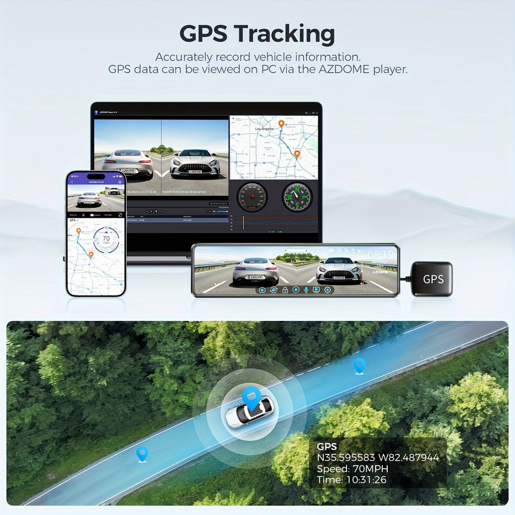 11.26" IPS Full Touch Screen - PG18S 4K AZDOME Dual Dashcam, Built-in 64GB Card and GPS, 4K Front + 1080P Rear, Super Night Vision, Loop Recording, Parking Mode, Detached Front Camera, Rear View Mirror Camera, Parking Assista