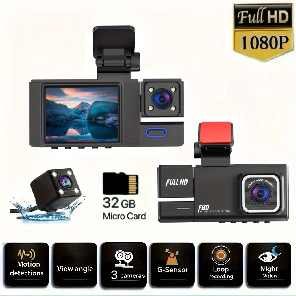 1080P Dash Cam Front And Rear Inside with Free 32GB SD Card, IR Night Vision, Loop Recording Car DVR Camera 3 Lens with 2 Inch IPS Screen 3 Cameras Car Dashcam, car Black Box Recording At Same Time, Wide Angle Dashboard Camer
