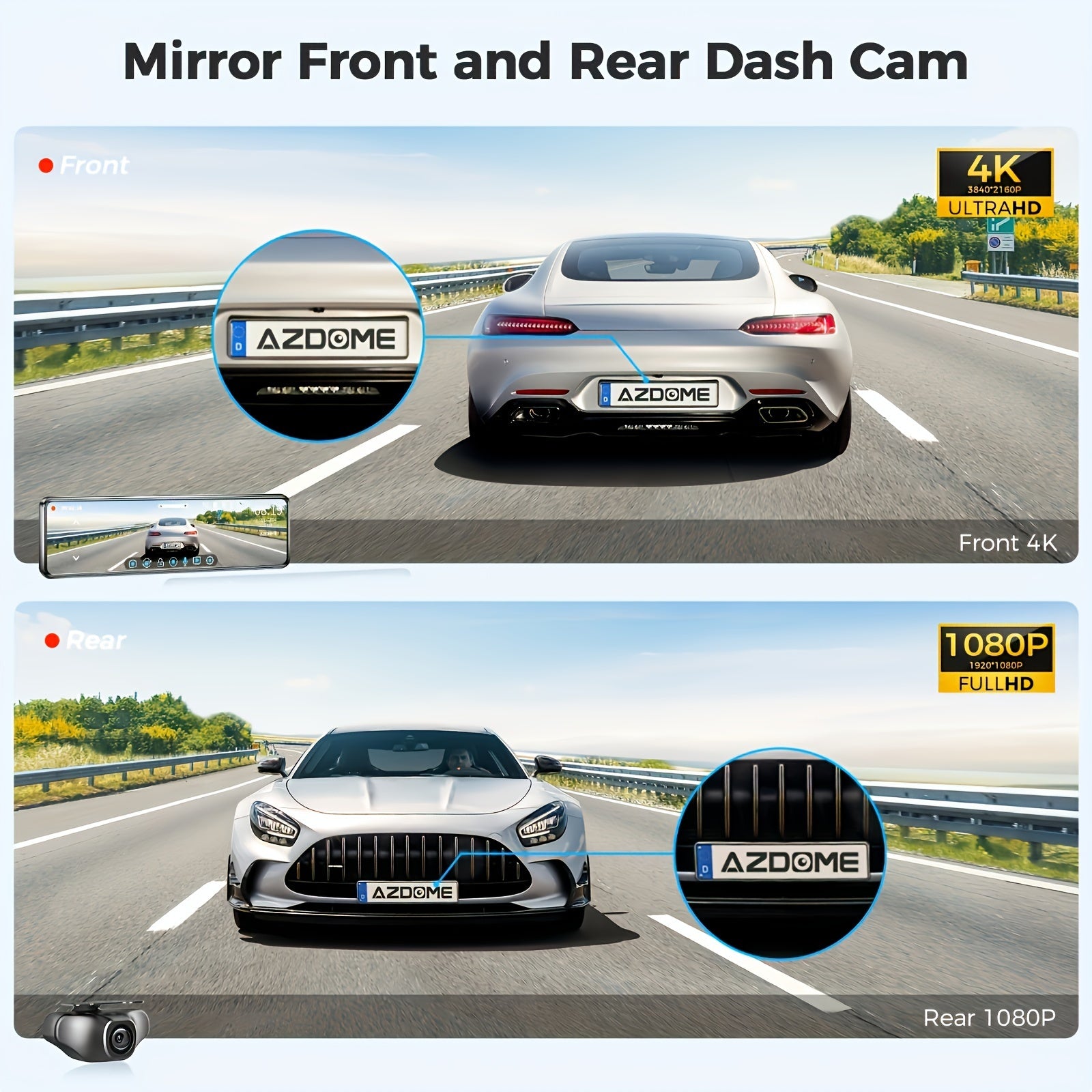 11.26" IPS Full Touch Screen - PG18S 4K AZDOME Dual Dashcam, Built-in 64GB Card and GPS, 4K Front + 1080P Rear, Super Night Vision, Loop Recording, Parking Mode, Detached Front Camera, Rear View Mirror Camera, Parking Assista