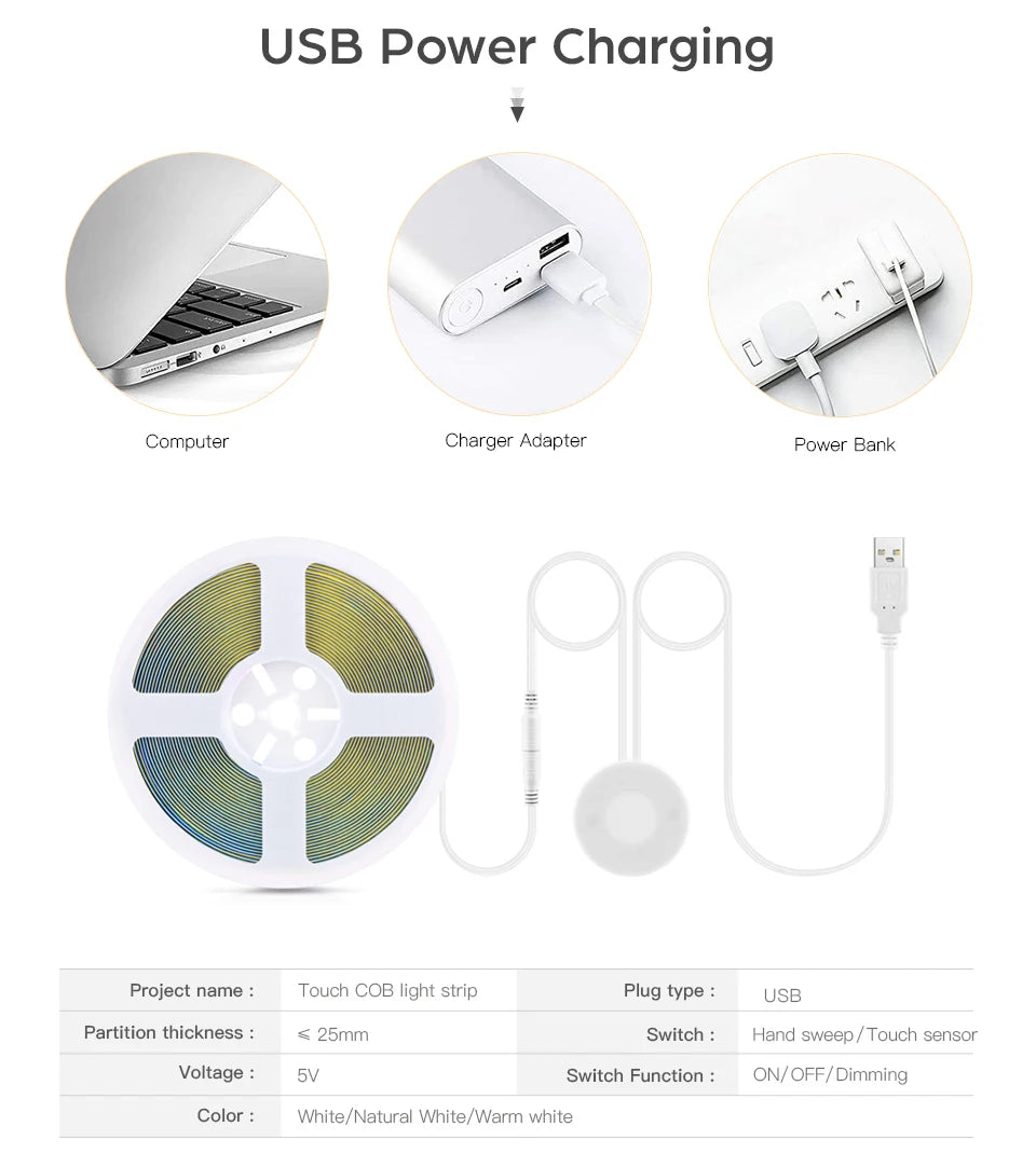 Taśma LED COB USB 5V do lustra makijażowego