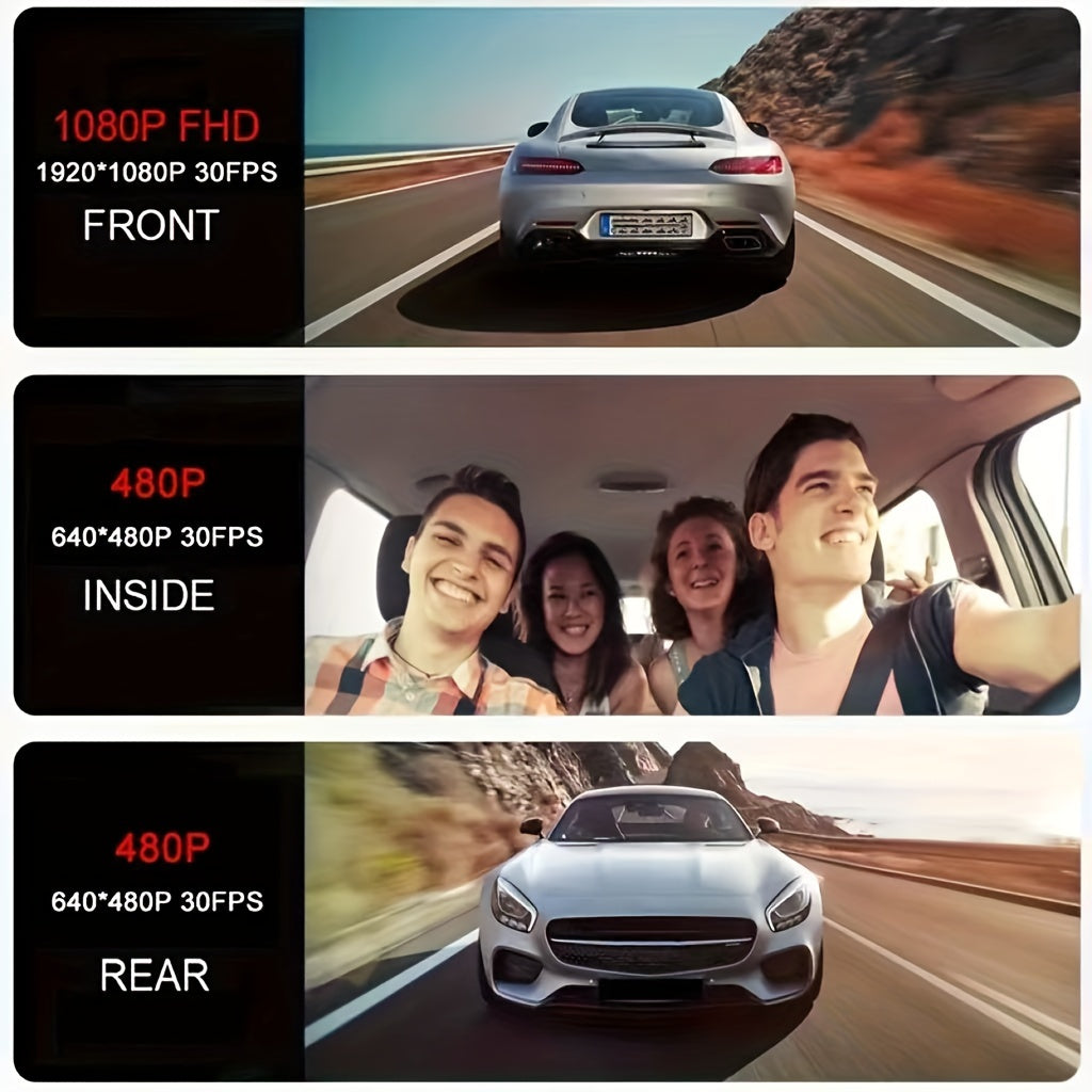 1080P Dash Cam Front And Rear Inside with Free 32GB SD Card, IR Night Vision, Loop Recording Car DVR Camera 3 Lens with 2 Inch IPS Screen 3 Cameras Car Dashcam, car Black Box Recording At Same Time, Wide Angle Dashboard Camer