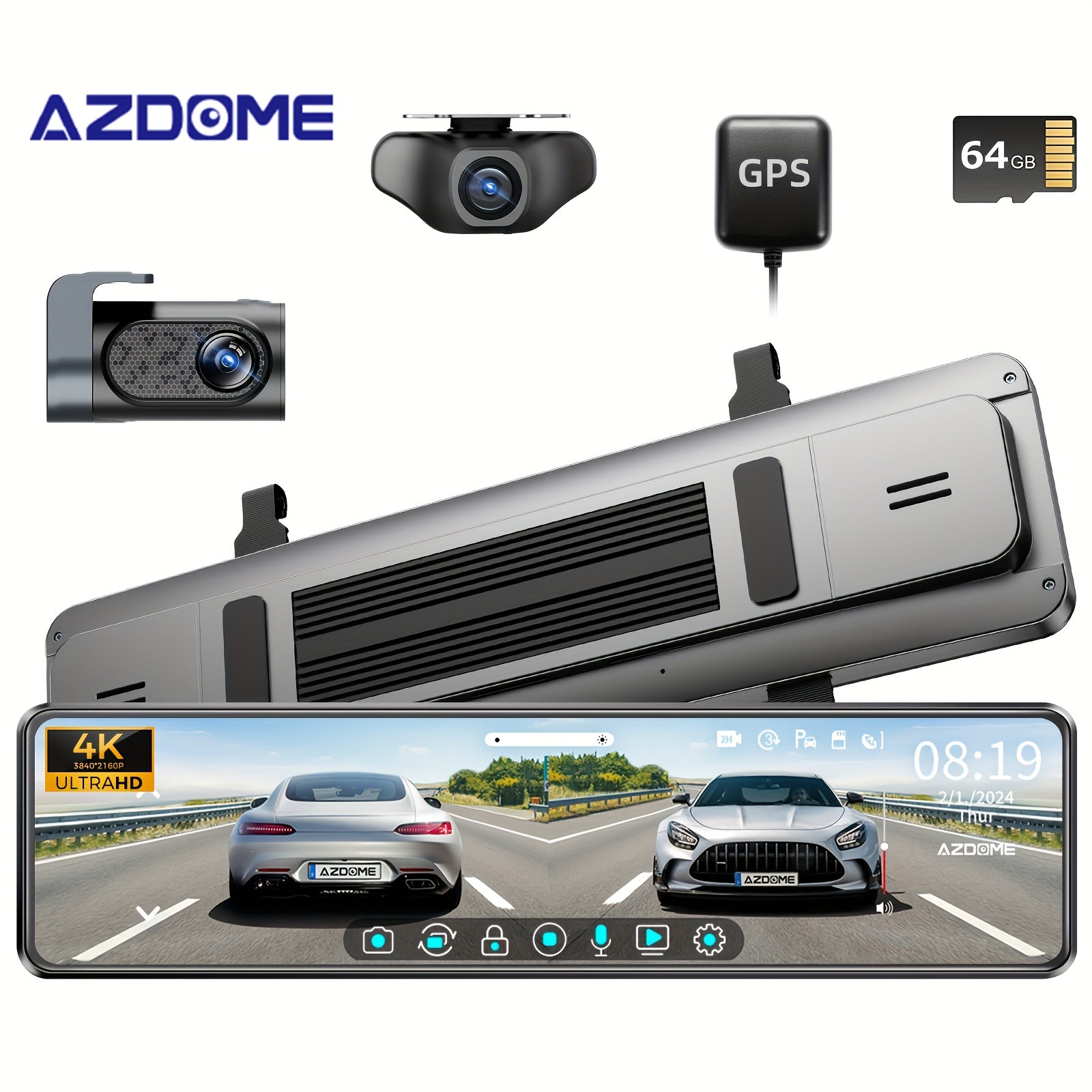 11.26" IPS Full Touch Screen - PG18S 4K AZDOME Dual Dashcam, Built-in 64GB Card and GPS, 4K Front + 1080P Rear, Super Night Vision, Loop Recording, Parking Mode, Detached Front Camera, Rear View Mirror Camera, Parking Assista